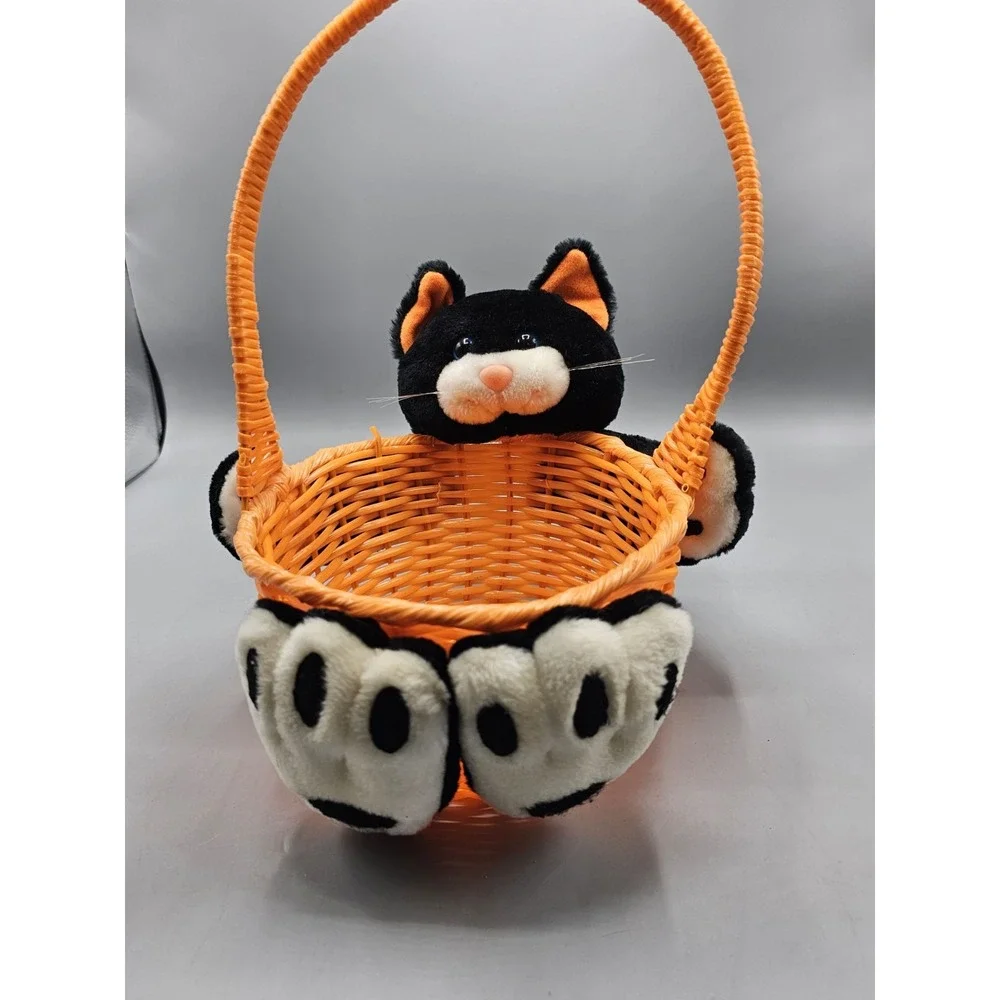Vintage Topstone Industries Orange Halloween Candy‎ Basket W/ Black Cat Plush